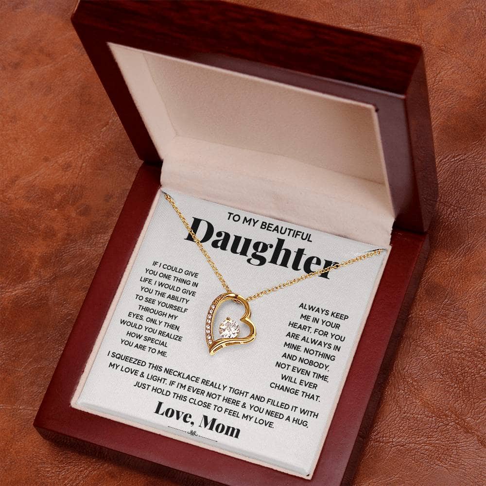 Alt text: "Personalized Daughter Necklace in a box, featuring a heart-shaped pendant on a gold chain, symbolizing unbreakable bonds. LED-lit mahogany-style packaging."