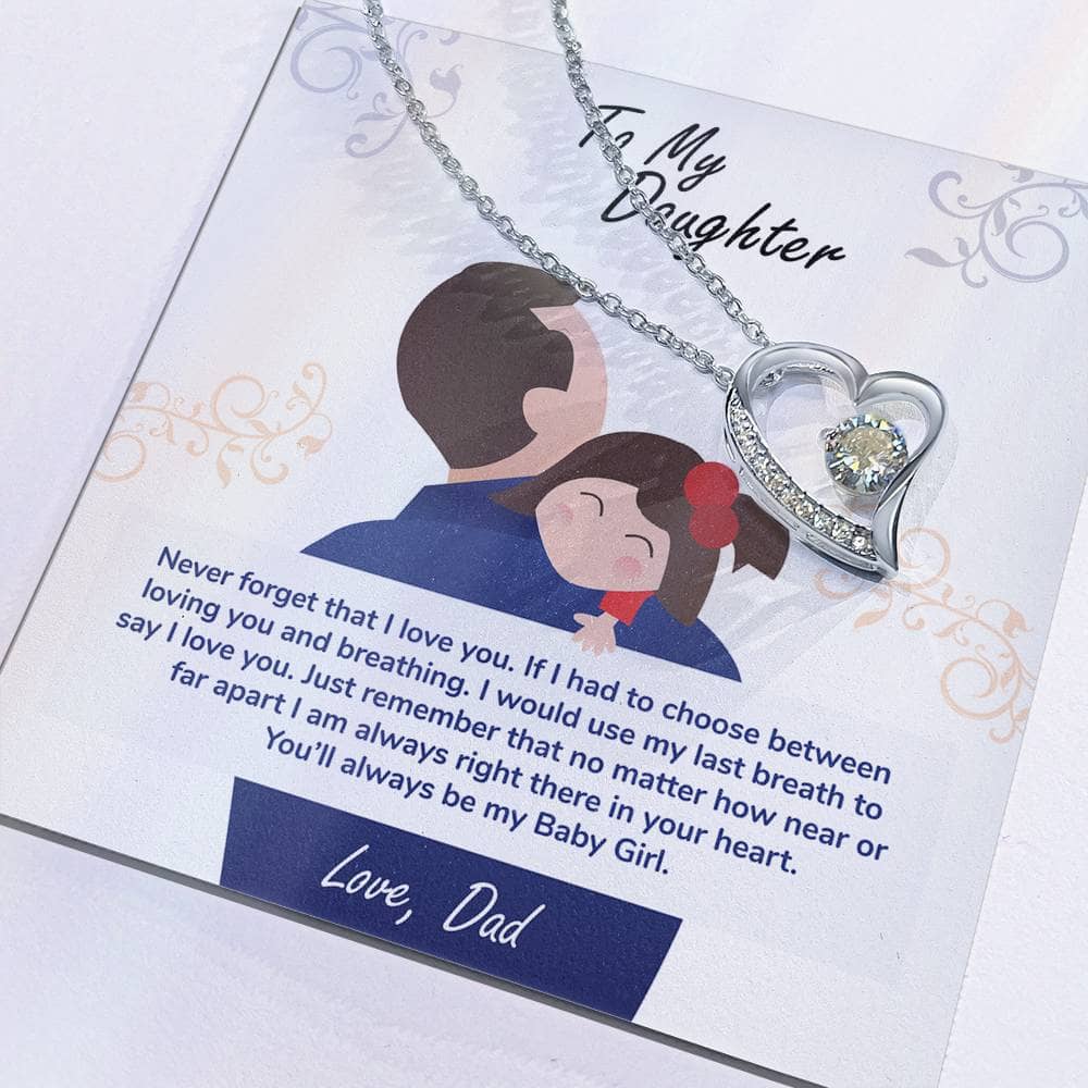 Alt text: "Personalized Daughter Necklace: Heart-shaped pendant with cubic zirconia on adjustable chain in mahogany-style box with LED spotlight."