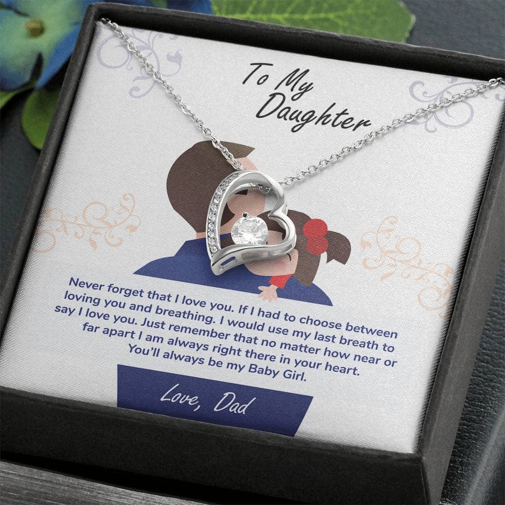 Alt text: "Personalized Daughter Necklace: Premium Cubic Zirconia Accent in a Box - Symbolic heart-shaped pendant in a mahogany-style box with LED spotlight."
