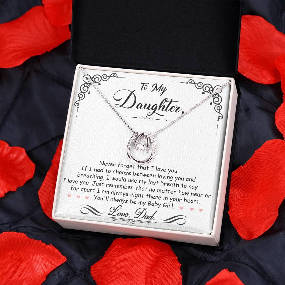 Alt text: "Personalized Daughter Necklace: Heart-shaped pendant with cubic zirconia on adjustable chain in mahogany-style box"
