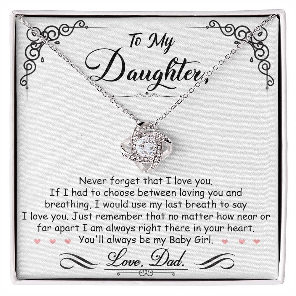 Alt text: "Personalized Daughter Necklace - Premium Cubic Zirconia Love Knot pendant in a box"