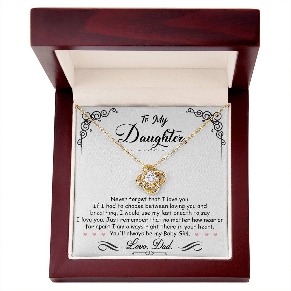 Alt text: "Personalized Daughter Necklace - Premium Cubic Zirconia Love Knot pendant on adjustable cable chain in mahogany-style box with LED lighting"