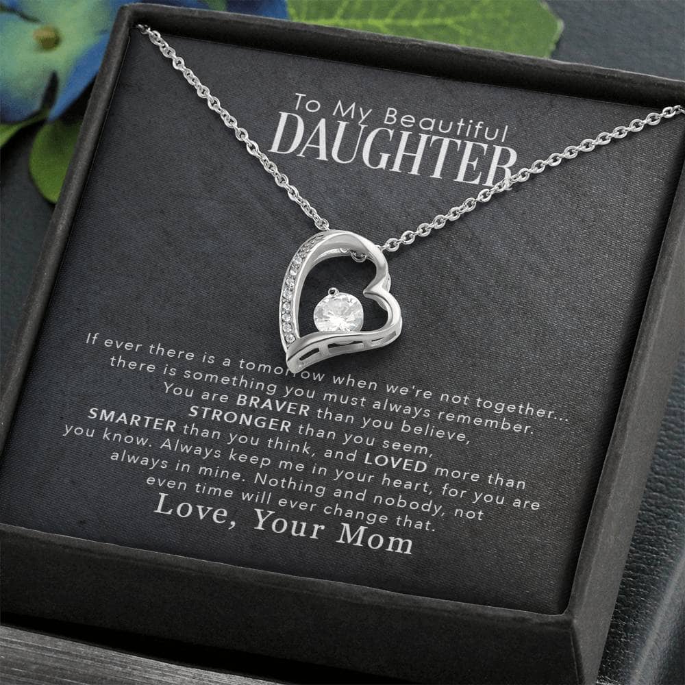 Alt text: "Premium heart-shaped Personalized Daughter Necklace in a mahogany-style luxury box with LED lighting."