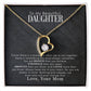 A close-up image of a Personalized Daughter Necklace in a box, featuring a gold heart pendant with a diamond.