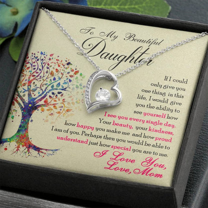 A necklace in a box, symbolizing the unbreakable bond between parents and daughters. Personalized Daughter Necklace: Premium, Elegant celebration of Parent-Daughter Bond.