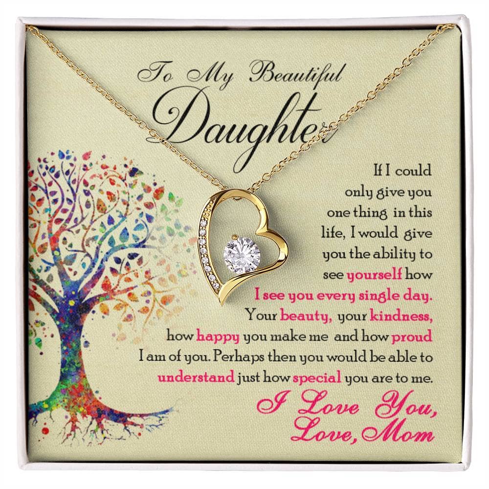 Alt text: "Personalized Daughter Necklace: Heart-shaped pendant in a box, symbolizing the unbreakable bond between parents and daughters."