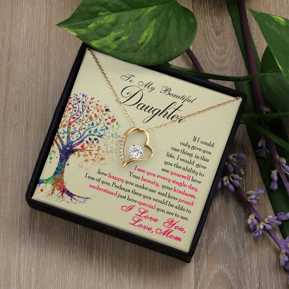 Alt text: "Personalized Daughter Necklace: Heart-shaped pendant in a box, symbolizing the unbreakable bond between parents and daughters."