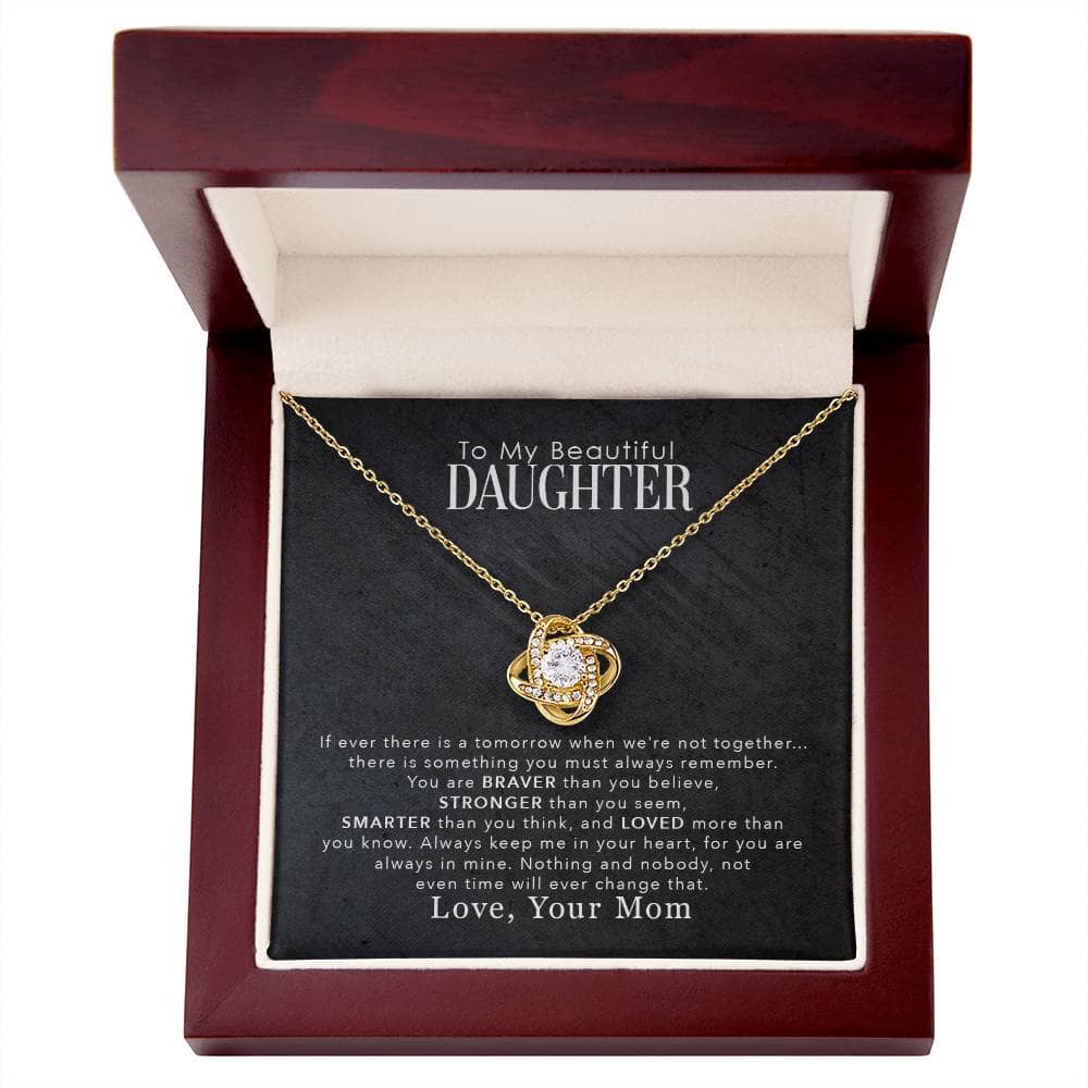 Alt text: "Personalized Daughter Necklace in Mahogany Box with LED Light - Premium Materials, Cushion-Cut Cubic Zirconia Pendant, Adjustable Chain - Celebrate Unbreakable Bonds with Elegance and Sentimentality"