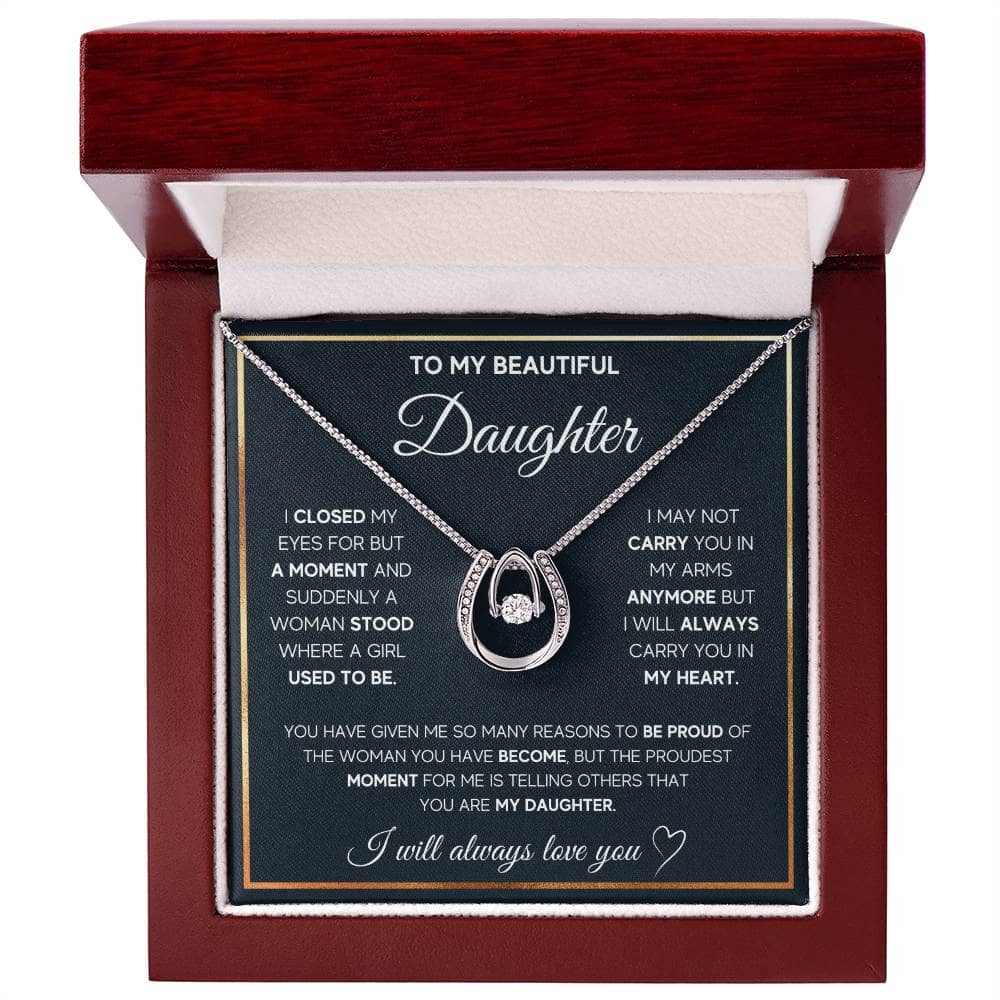 Alt text: "Personalized Daughter Necklace in a box - a symbol of love and bond, with a heart-shaped pendant and cushion-cut cubic zirconia, adjustable chain for comfort and style"