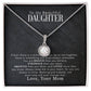 Alt text: "Personalized Daughter Necklace - a sparkling diamond pendant in an elegant box, symbolizing the everlasting bond between parent and child."