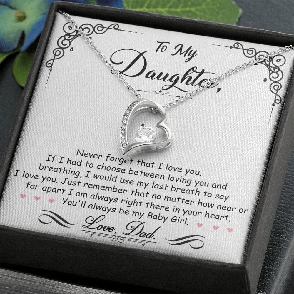 Alt text: "Personalized Daughter Necklace: Heart-shaped pendant in a box, symbolizing unbreakable love and care. Presented in an opulent mahogany-style box with LED backlighting for a memorable unboxing experience."