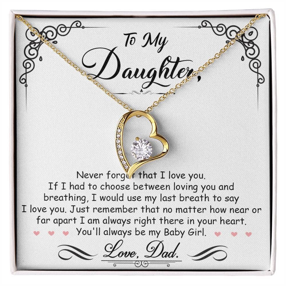 Alt text: "Personalized Daughter Necklace: A heart pendant necklace in a box, symbolizing an unyielding bond of love and care. Presented in an opulent mahogany-style box with LED backlighting for a memorable unboxing experience."