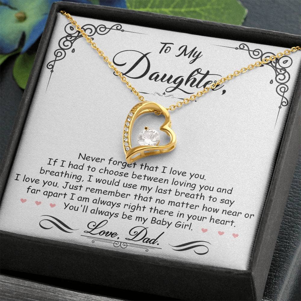 Alt text: "Personalized Daughter Necklace in a mahogany-style box with LED lighting, symbolizing an unyielding bond and enduring love. Choose from cable or box chain."