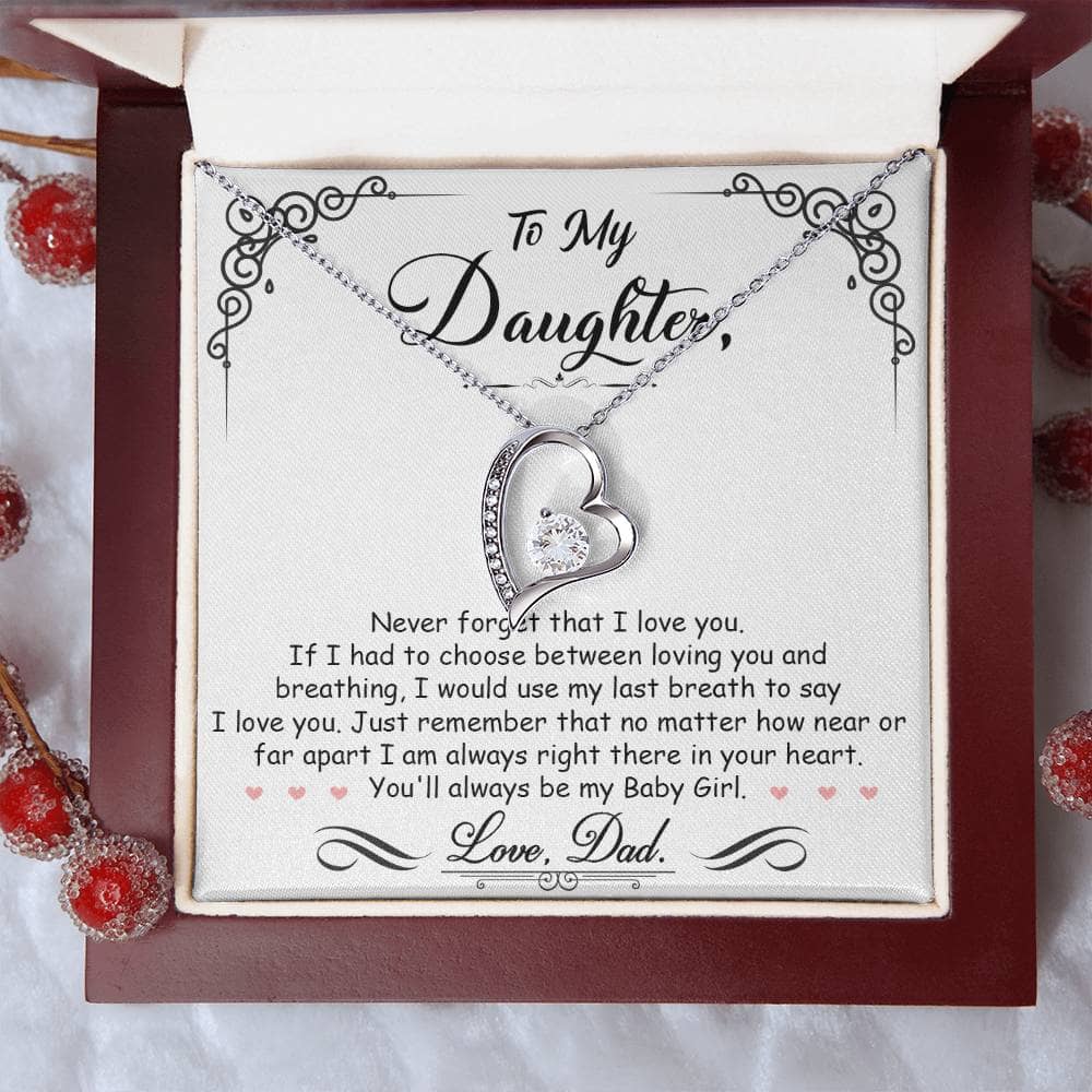 Alt text: "Personalized Daughter Necklace in a mahogany-style box with LED lighting, symbolizing an unyielding bond and enduring love."