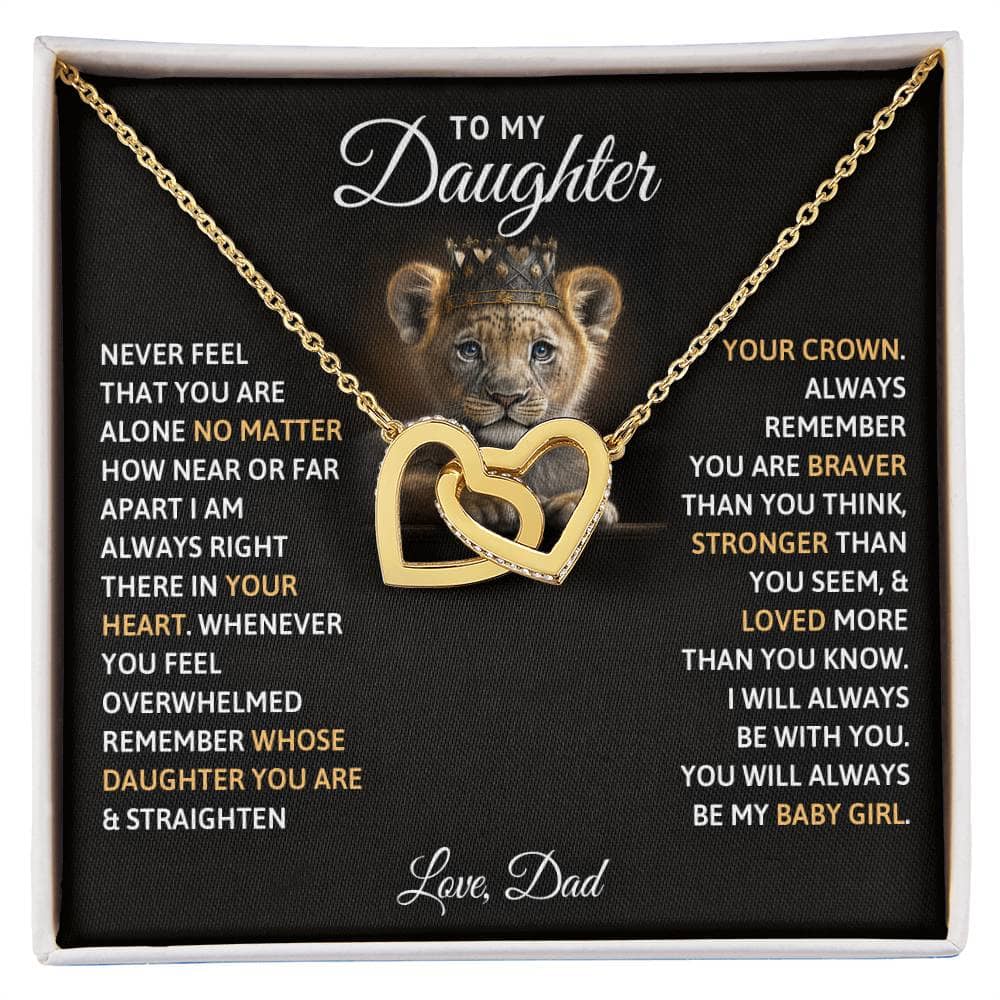 Alt text: "Customized Daughter Necklace: Twin Hearts in Box - Gold heart necklace with lion face pendant, perfect gift for parents and daughters, adjustable chain, exquisite design."