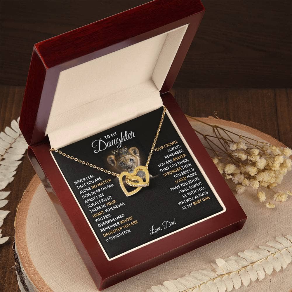 Alt text: "Personalized Daughter Necklace: Twin Hearts in a Box - A radiant cushion-cut cubic zirconia pendant on an adjustable chain, beautifully packaged in a mahogany-style box with LED lighting."