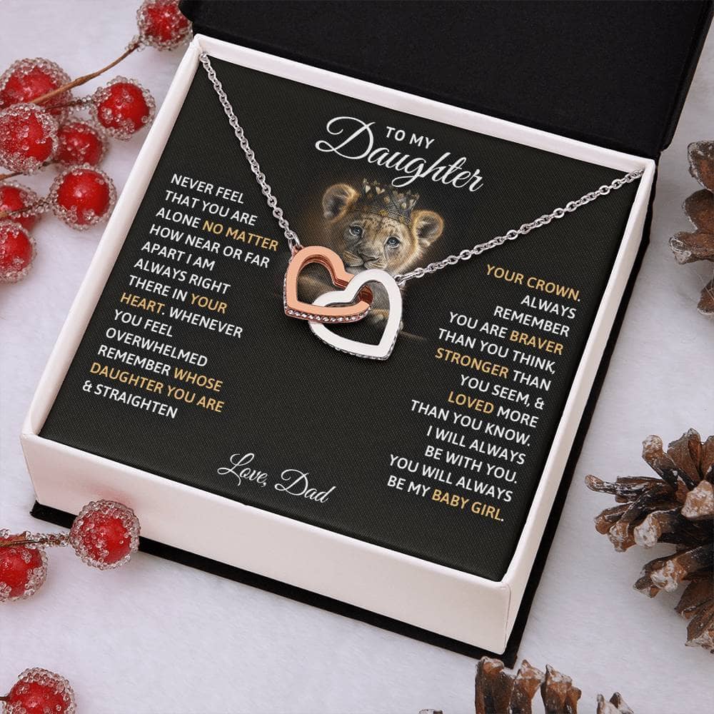 Alt text: "Personalized Daughter Necklace: Twin Hearts in a Box with Pine Cones and Berries"