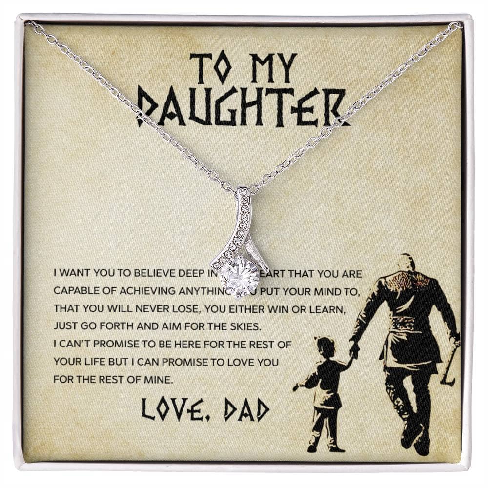 Alt text: "Personalized Daughter Necklace - Necklace with man and child silhouette pendant, adorned with cushion-cut cubic zirconia and heart-shaped token. Adjustable chain length. Packaged in LED-lit mahogany-like box. Crafted by Bespoke Necklaces."