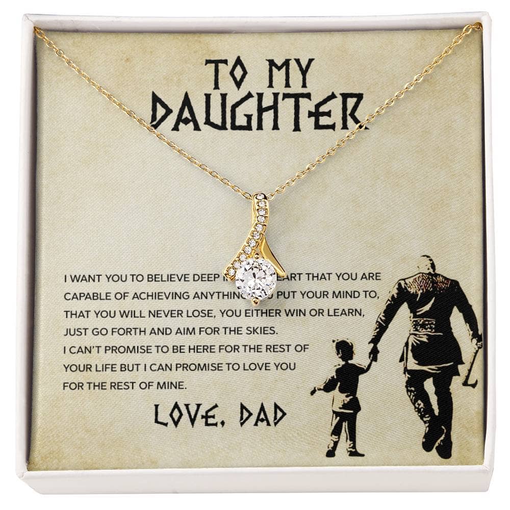Alt text: "Personalized Daughter Necklace - A glowing necklace with a heart-shaped pendant, symbolizing the enduring love between a parent and daughter. Packaged in a plush box with LED lighting. Adjustable chain length. Made with cushion-cut cubic zirconia."
