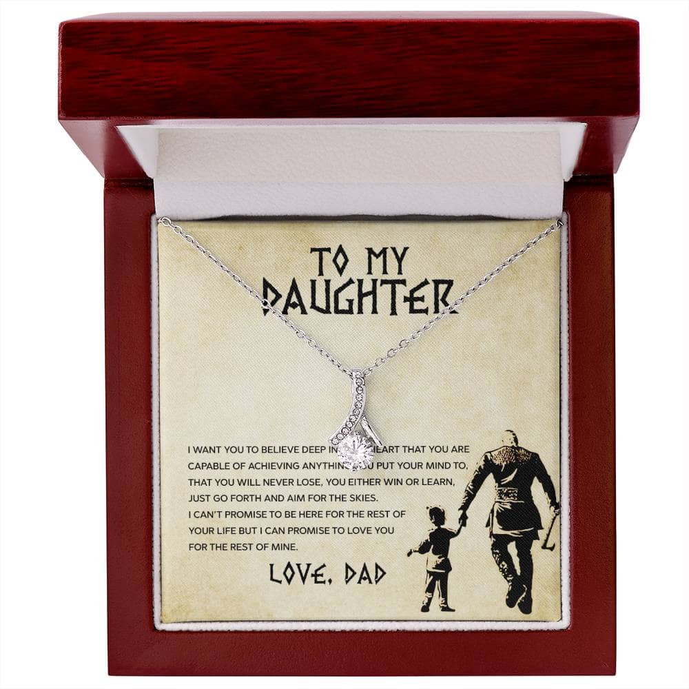 Alt text: "Personalized Daughter Necklace in a box - A glowing necklace with a heart-shaped pendant, symbolizing the enduring love between a parent and daughter. Adjustable chain for versatile styling. Crafted with premium-grade cubic zirconia. Packaged in a plush box with LED lighting. Made by Bespoke Necklaces."