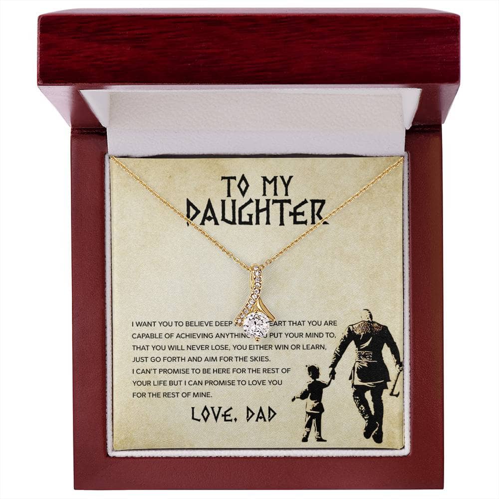 Alt text: "Personalized Daughter Necklace - Cushion-cut cubic zirconia pendant in a mahogany-like box with LED lighting."