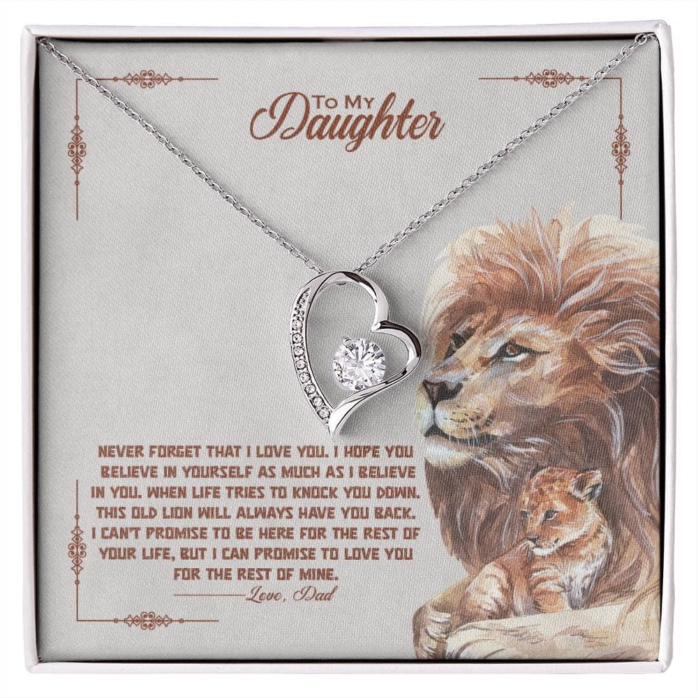 Alt text: "Personalized Daughter Necklace - A necklace in a box with a diamond heart pendant and lion design, symbolizing love and strength. Perfect gift for daughters. 🎁💓"