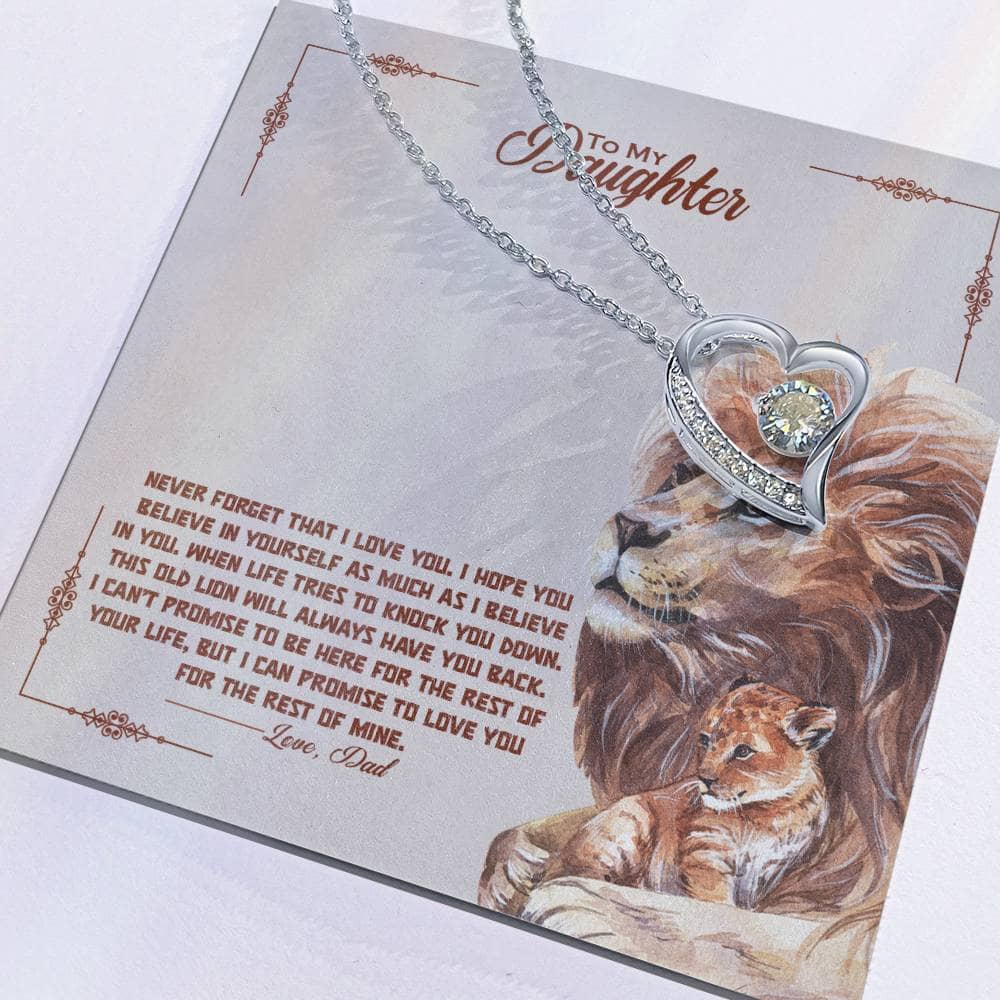 Alt text: "Personalized Daughter Necklace - Necklace on a card, featuring a heart-shaped pendant with cushion-cut cubic zirconia stone. Adjustable chain length. Elegantly packaged in a mahogany-style box with LED lighting. Perfect gift for daughters. USA hand-forged craftsmanship."