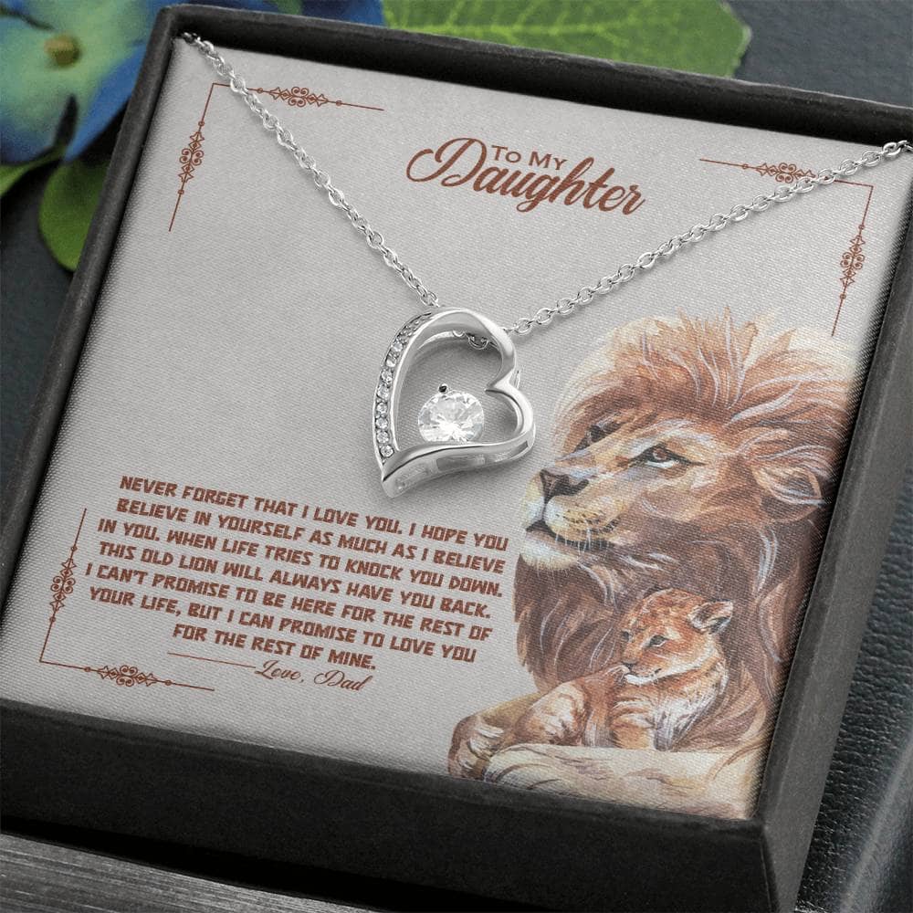 A close-up image of the "To My Daughter" necklace in a box, featuring a beautiful pendant with a cushion-cut cubic zirconia stone. The necklace is elegantly packaged in a mahogany-style box with LED lighting, perfect for gifting.