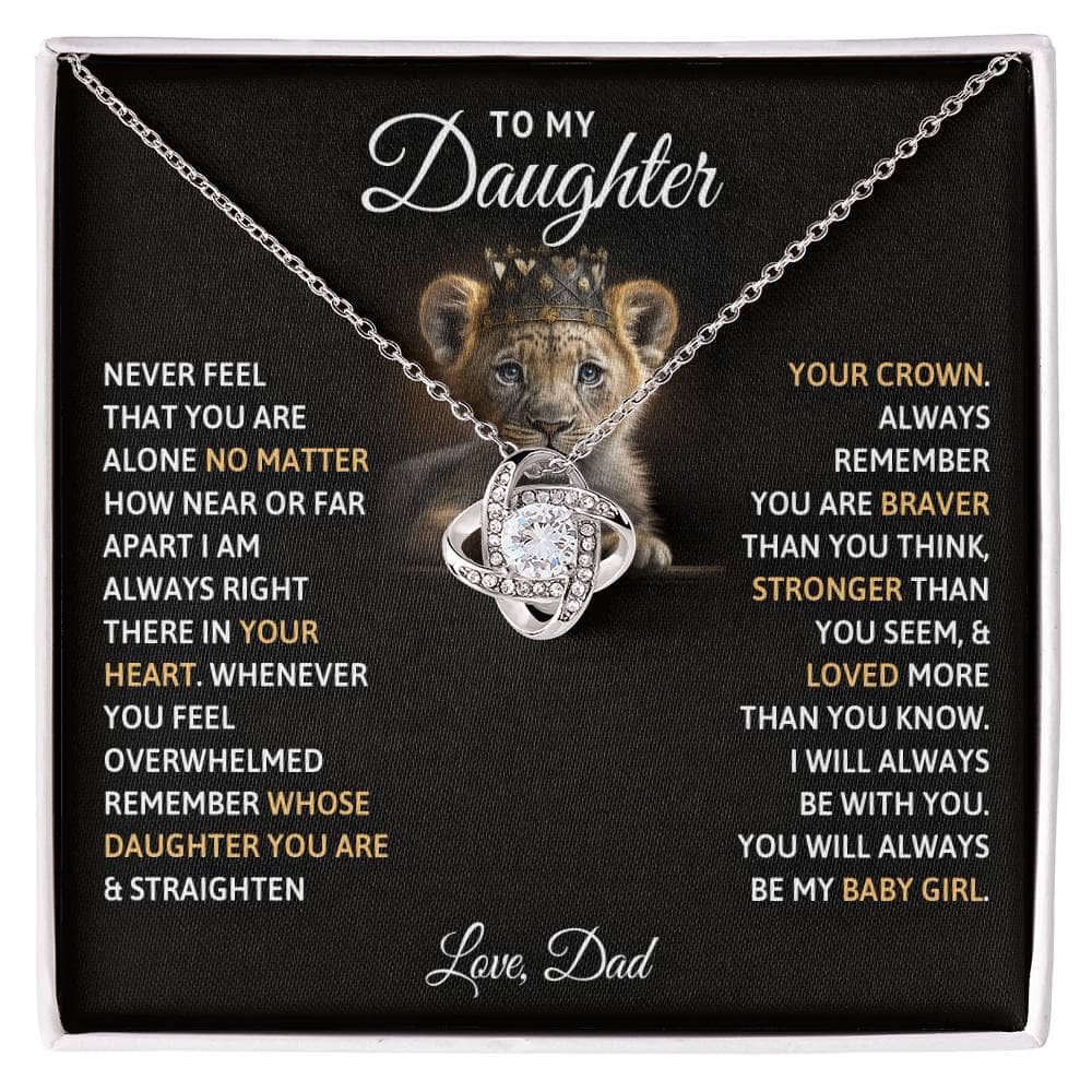 Alt text: "Personalized Daughter Necklace with lion pendant, adjustable chain, and cubic zirconia. Symbolizes unbreakable bond between parents and daughters. Elegant and thoughtful gift."