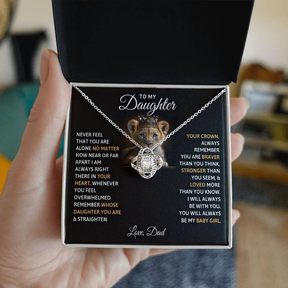 Alt text: "Hand holding Personalized Daughter Necklace in box, featuring heart-shaped pendant and adjustable chain - symbolizing unbreakable bond between parents and daughters."