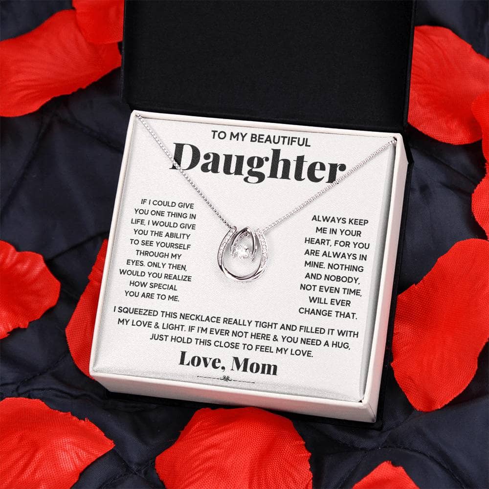 Alt text: "Personalized Daughter Necklace with Cushion-Cut Cubic Zirconia in a Mahogany-Style Box"