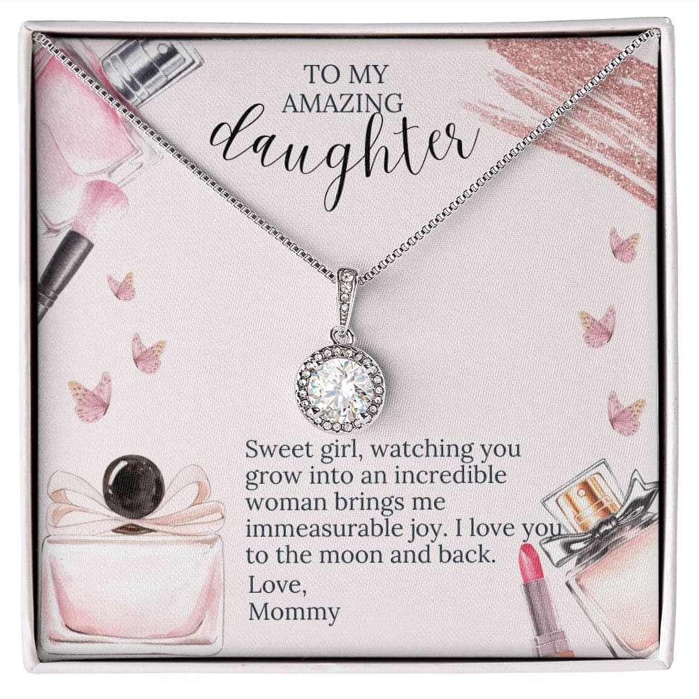 Alt text: "Forever Beloved Necklace - a personalized daughter necklace with an elegant 8mm cushion-cut zirconia crystal on a durable 14k white gold finish over stainless steel chain."