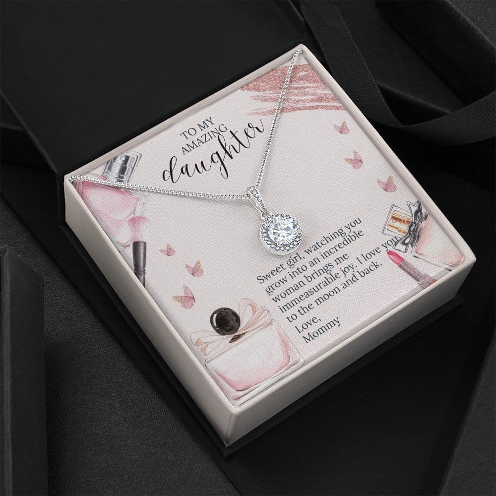 Alt text: "Forever Beloved Necklace - A stunning 14k white gold necklace with an 8mm cushion-cut zirconia crystal pendant, symbolizing the eternal bond between a mother and daughter."