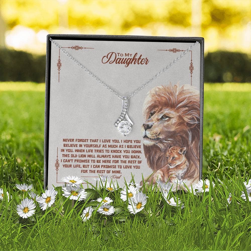 Alt text: "Personalized Daughter Necklace in a box with flowers, symbolizing enduring love and connection. Features a heart-shaped pendant and LED lighting. Perfect sentimental gift for birthdays and milestones. Crafted with premium cubic zirconia. From Bespoke Necklace."