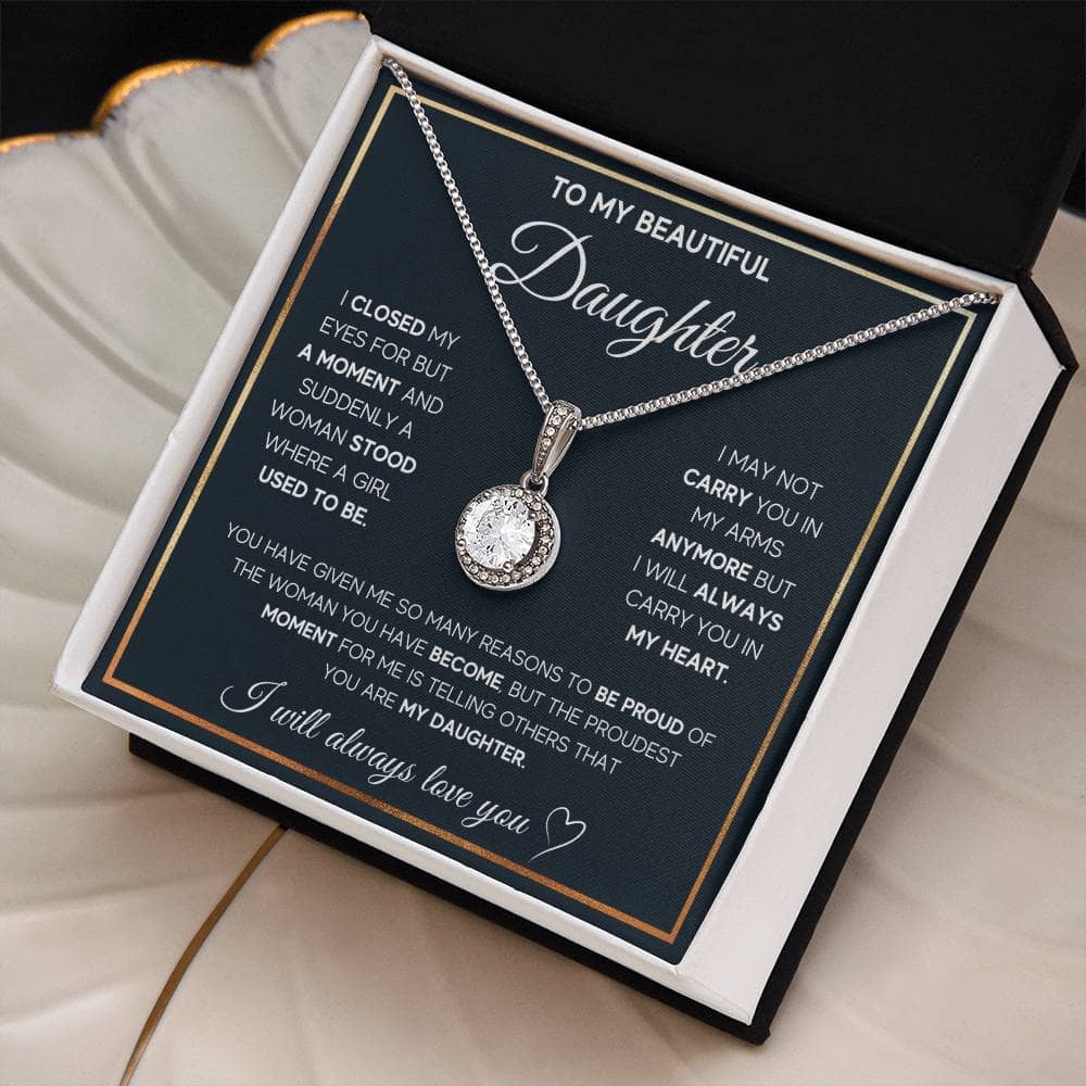 Alt text: "Personalized Daughter Necklace with heart pendant and cubic zirconia in a box"