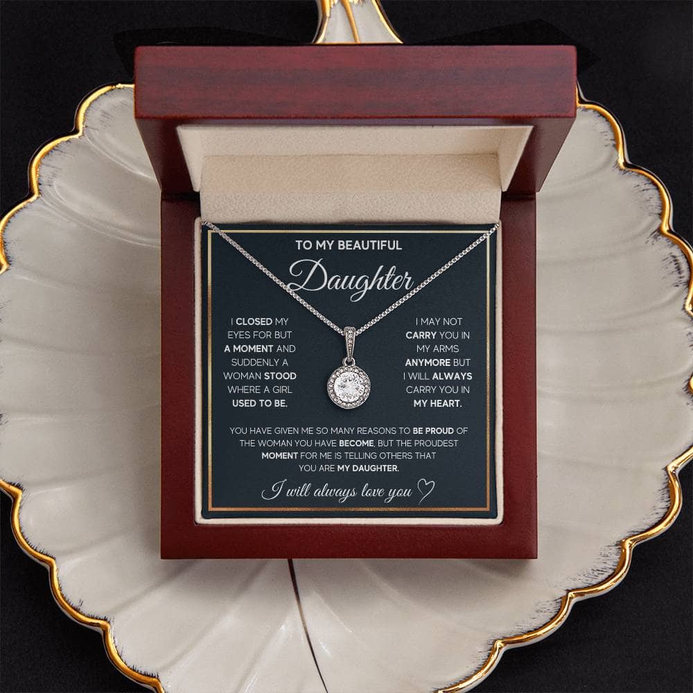 Alt text: "Personalized Daughter Necklace with Heart Pendant and Cubic Zirconia on a Plate"