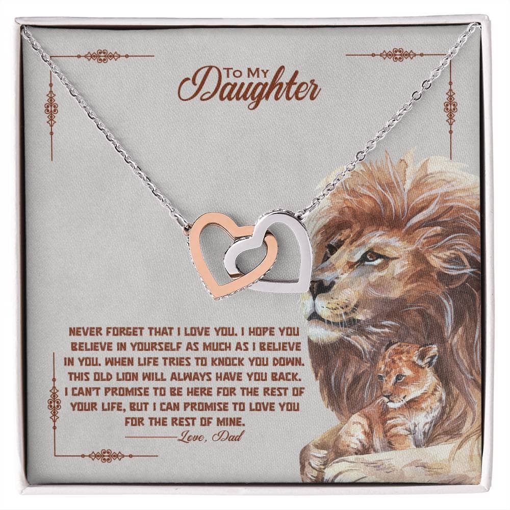 Alt text: "Personalized Daughter Necklace with Interlocking Hearts in Mahogany Box with LED Lighting"