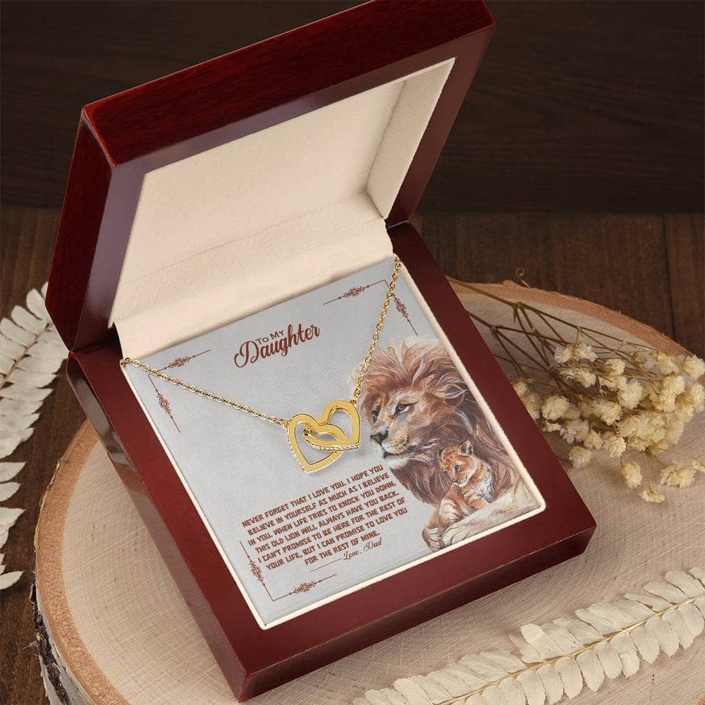 Alt text: "Personalized Daughter Necklace with Interlocking Hearts in Mahogany Box with LED Lighting"