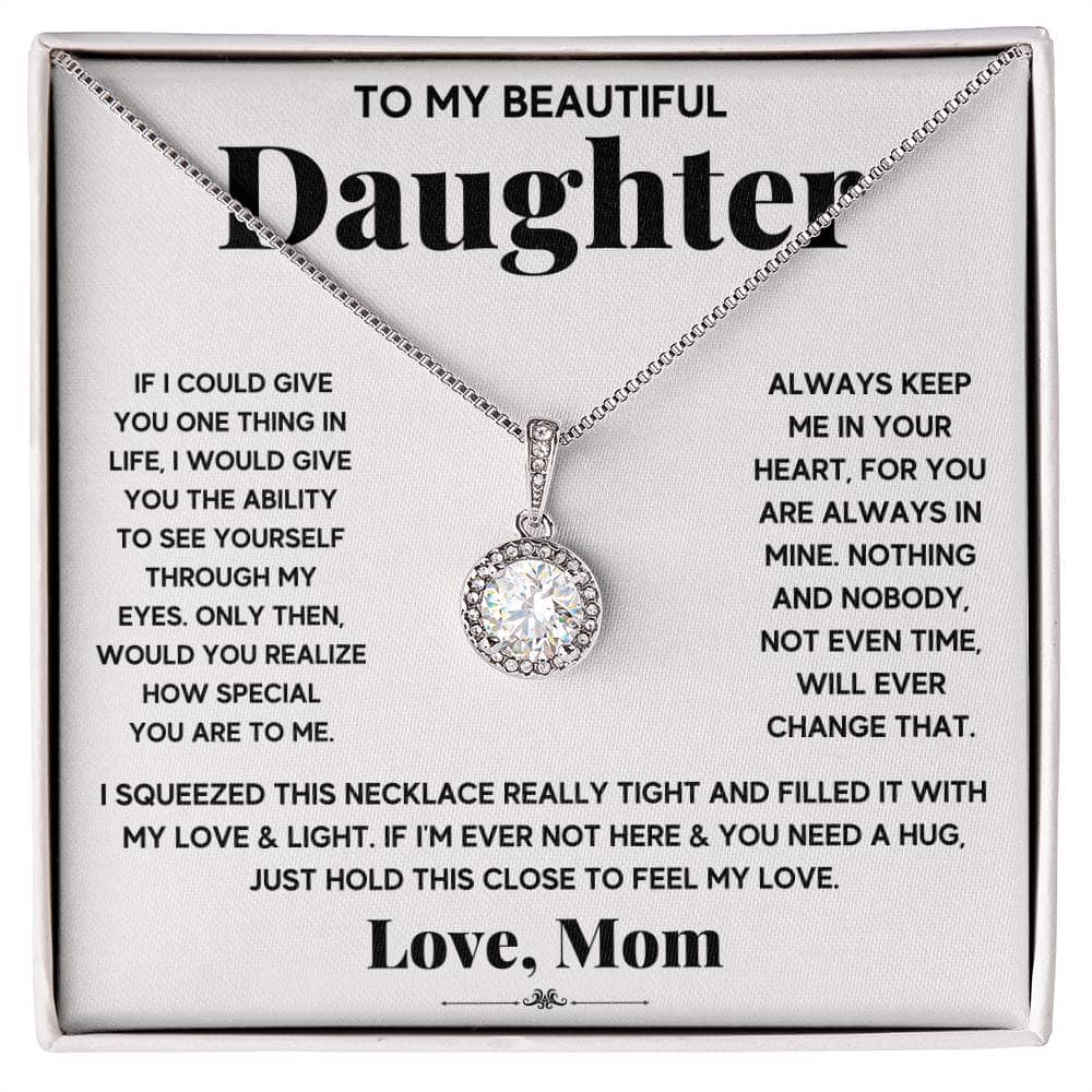 A close-up of a Personalized Daughter Necklace with a Zirconia Heart Pendant, symbolizing the eternal bond between parents and daughters.