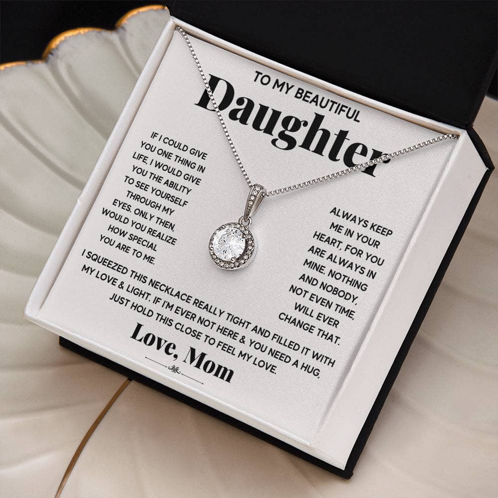 Alt text: "Personalized Daughter Necklace with Zirconia Heart Pendant in a box"