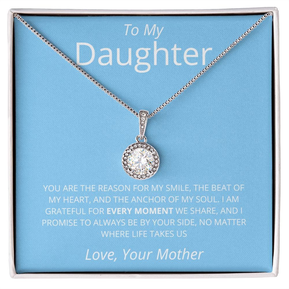 Premium Personalized Daughter Necklace with Cubic Zirconia, a necklace in a box, showcasing a close-up of a diamond pendant.