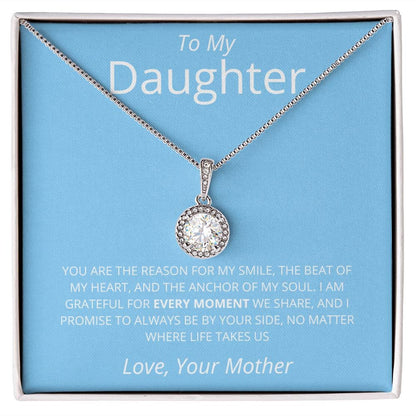 Premium Personalized Daughter Necklace with Cubic Zirconia, a necklace in a box, showcasing a close-up of a diamond pendant.