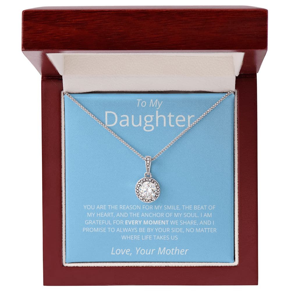 Premium Personalized Daughter Necklace with Cubic Zirconia, a necklace in a box, showcasing undying love between a parent and daughter.