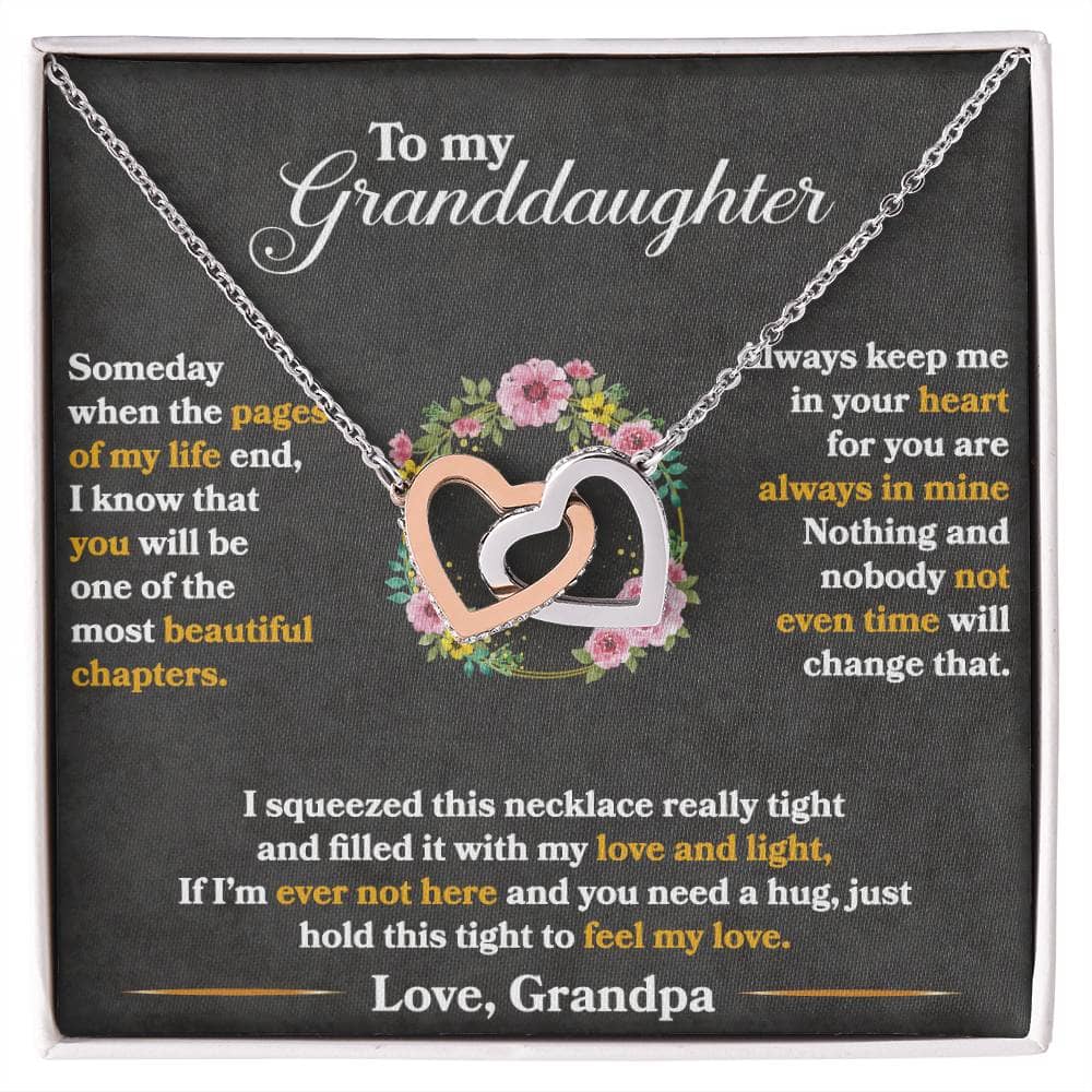 A necklace with two hearts, symbolizing the bond between grandparents and granddaughters. Expertly crafted with cushion-cut cubic zirconia for elegance and durability. Perfect for daily wear and special occasions. Comes in a luxurious mahogany-style box for a heartfelt gift.