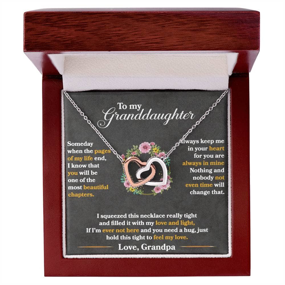 Alt text: "Personalized Granddaughter Love Token Necklace in a box, featuring heart-shaped pendant and adjustable chain. Crafted with cushion-cut cubic zirconia for elegance and durability. Perfect gift for grandparents and granddaughters. Luxurious packaging with LED lighting."