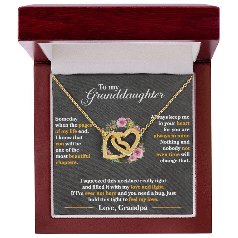 A necklace in a box, featuring a heart-shaped pendant, symbolizing the bond between grandparents and granddaughters. Perfect for expressing love and connection on special occasions.