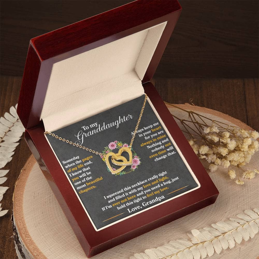 Alt text: "Personalized Granddaughter Love Token Necklace in a box with a heart-shaped pendant and adjustable chain, showcasing elegance and durability. Perfect gift for special occasions. Luxurious packaging with LED lighting. High-quality cubic zirconia. From Bespoke Necklace."