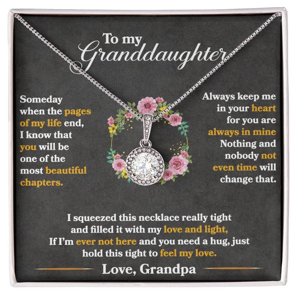 Alt text: "Personalized Granddaughter Necklace - a necklace in a box with a diamond pendant symbolizing profound love, packaged in a luxurious mahogany-style box with LED lighting."