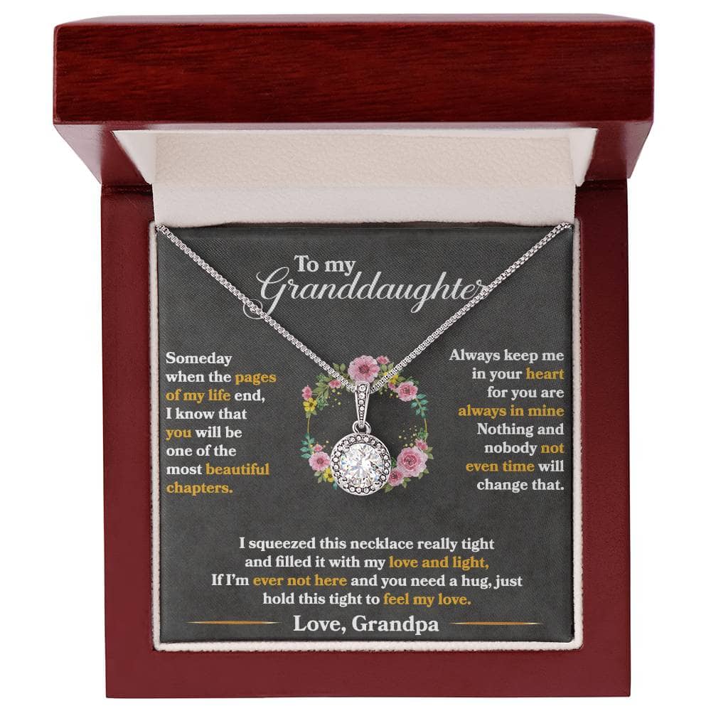 Alt text: "Personalized Granddaughter Necklace - A necklace with a heart-shaped pendant in a luxurious box with LED lighting"