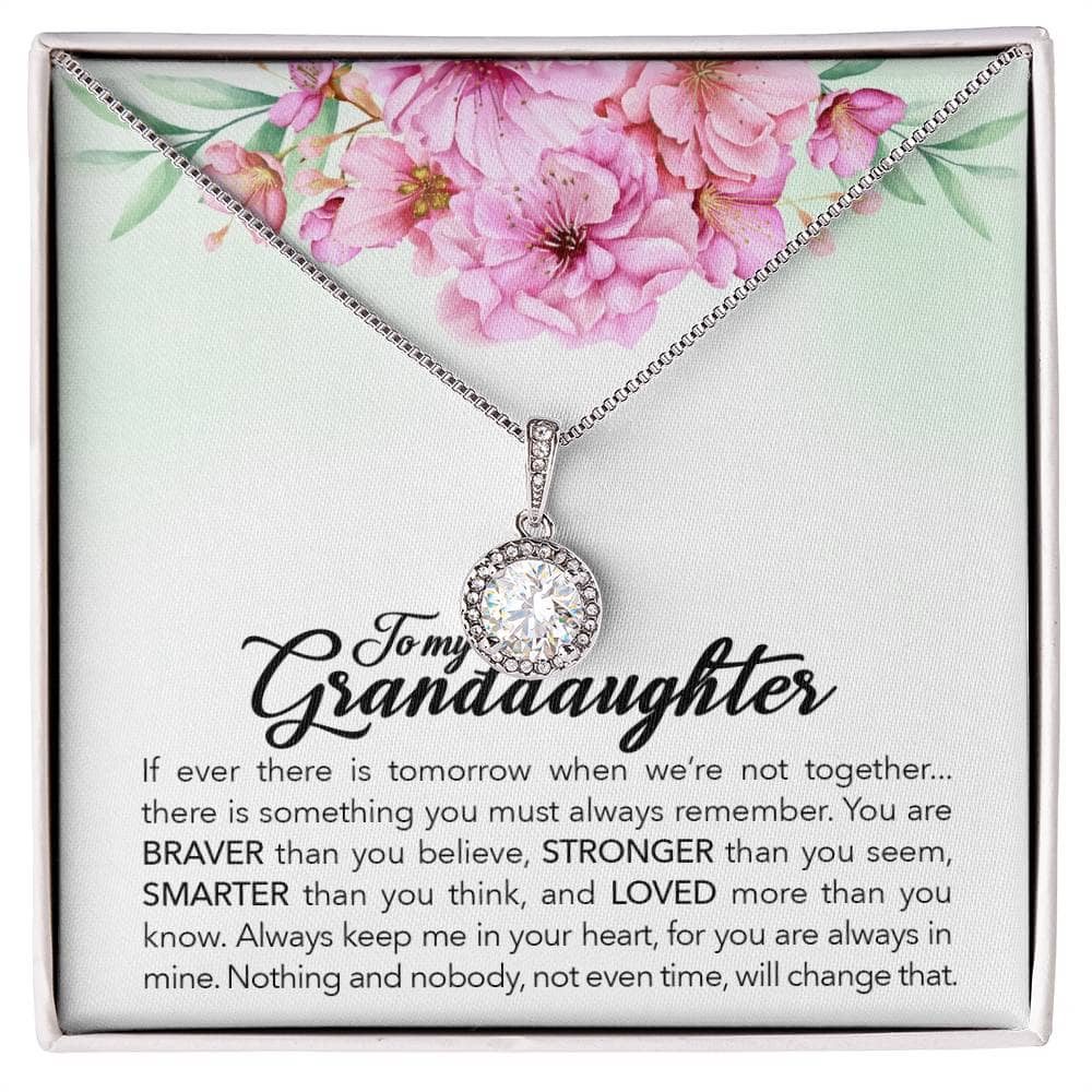 Alt text: "Personalized Granddaughter Necklace - Eternal Hope Design: A necklace in a box with a diamond pendant, symbolizing the bond between grandparents and granddaughters."